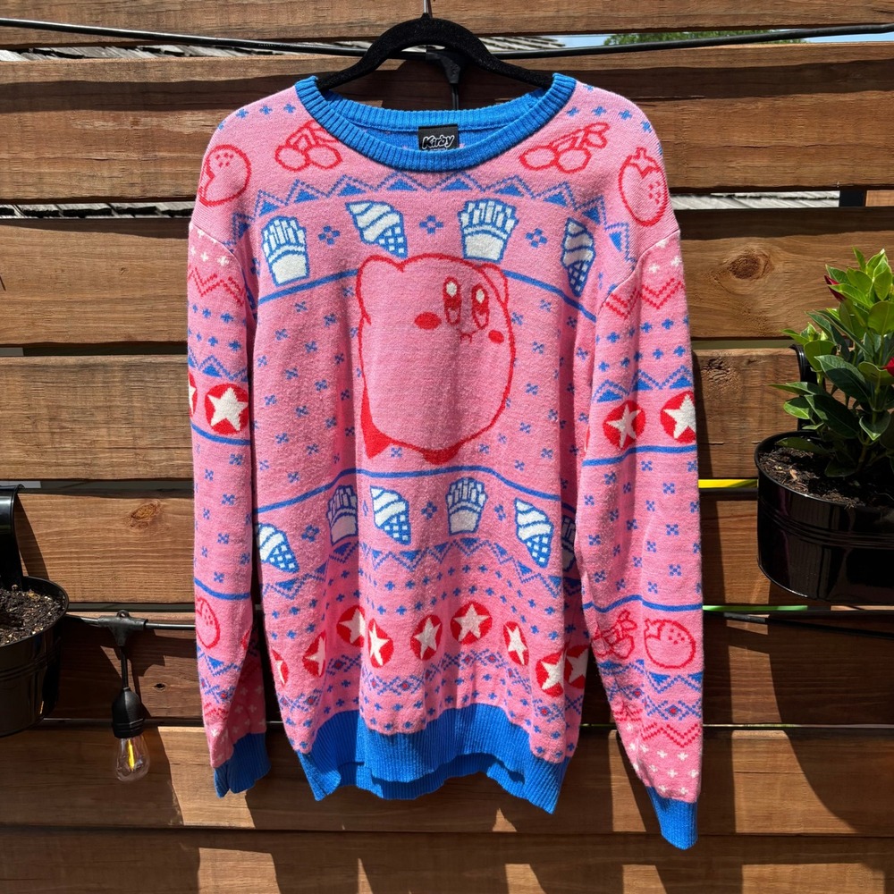 Kirby Nintendo Knit Sweater Unisex XL Pink Blue Excellent Fair Isle Gaming